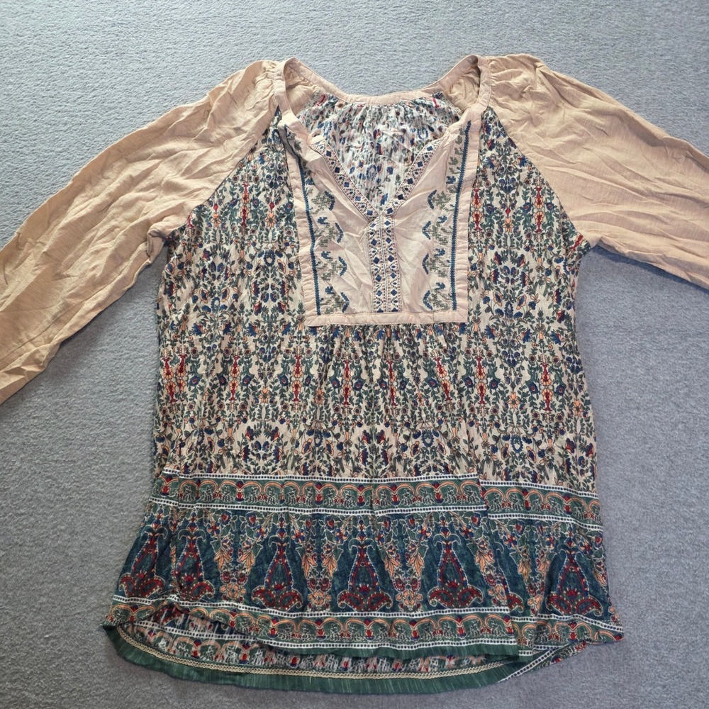 Peasant Blouse Womens Small Boho Floral Paisley Border Print Tunic Long Sleeve